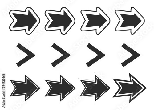 hand-drawn style black arrow icons pointing right with various outlines isolated on a white background.
