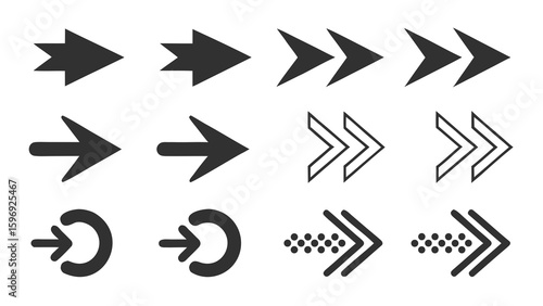 collection of black arrow icons in various styles and directions on a white background.