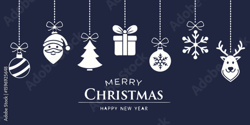 navy blue white christmas hanging ornaments greeting card elegant holiday design template