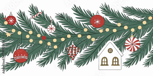 christmas garland border pine branches cardinal birds candy canes house ornament holiday decoration