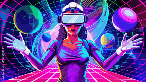 woman in virtual reality headset interacting with holographic world illustration design.