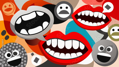abstract pop art illustration of expressive mouths, speech bubbles, and emojis illustration design.