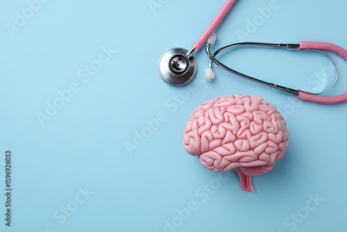 Pink brain model, stethoscope, blue background; medical research
