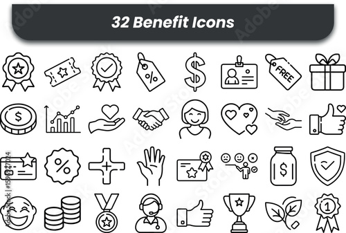Vector art of benefit icons representing rewards and advantages isolated on white background