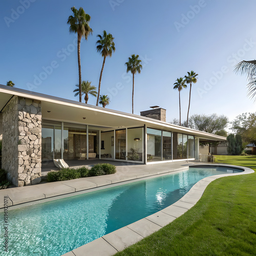 Modern mid century home with long swimming pool and palm trees