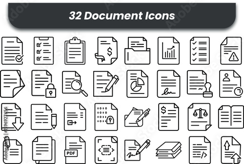 Vector art of a set of 32 document icons in line style isolated on white background