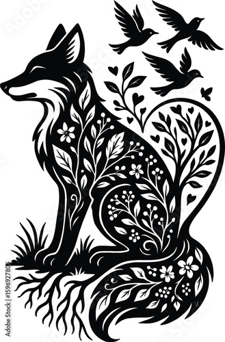 Artistic fox silhouette filled with floral and nature motifs