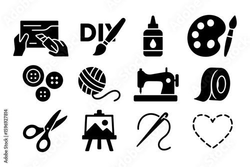 Crafting essentials icons: sewing, painting, and diy tools collection