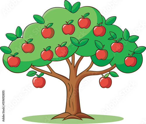 Cartoon apple tree with red apples and green leaves