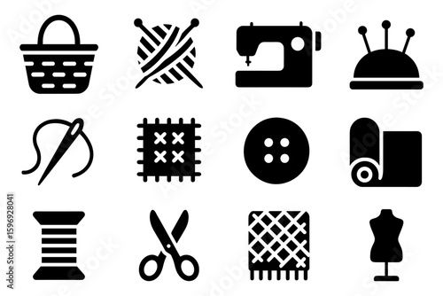 Essential sewing icons collection: tools, materials, and equipment in bold silhouette style