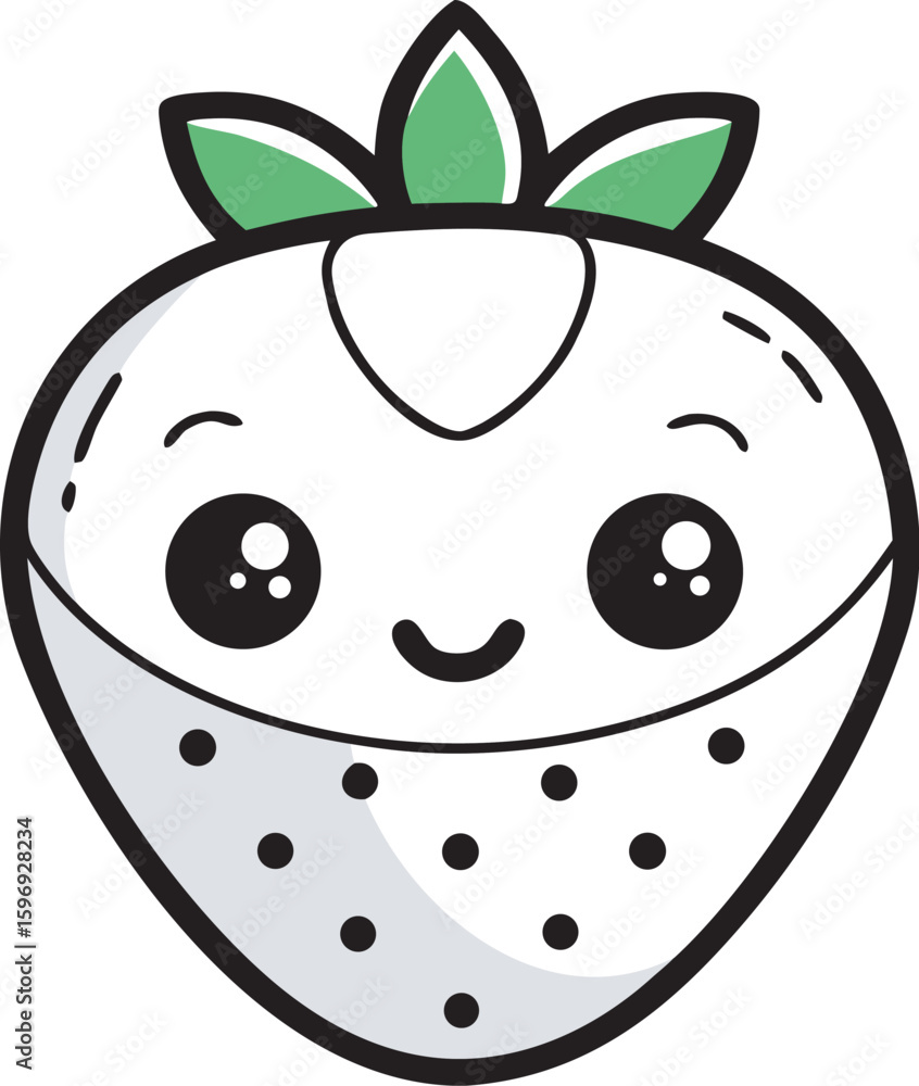 Obraz premium Kawaii strawberry with green leaves and black dots