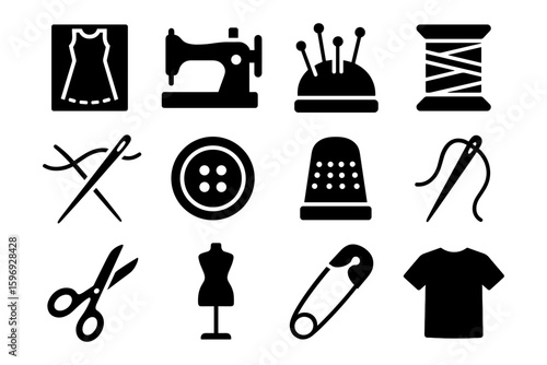Sewing tools and garments: silhouette icons of dressmaking essentials