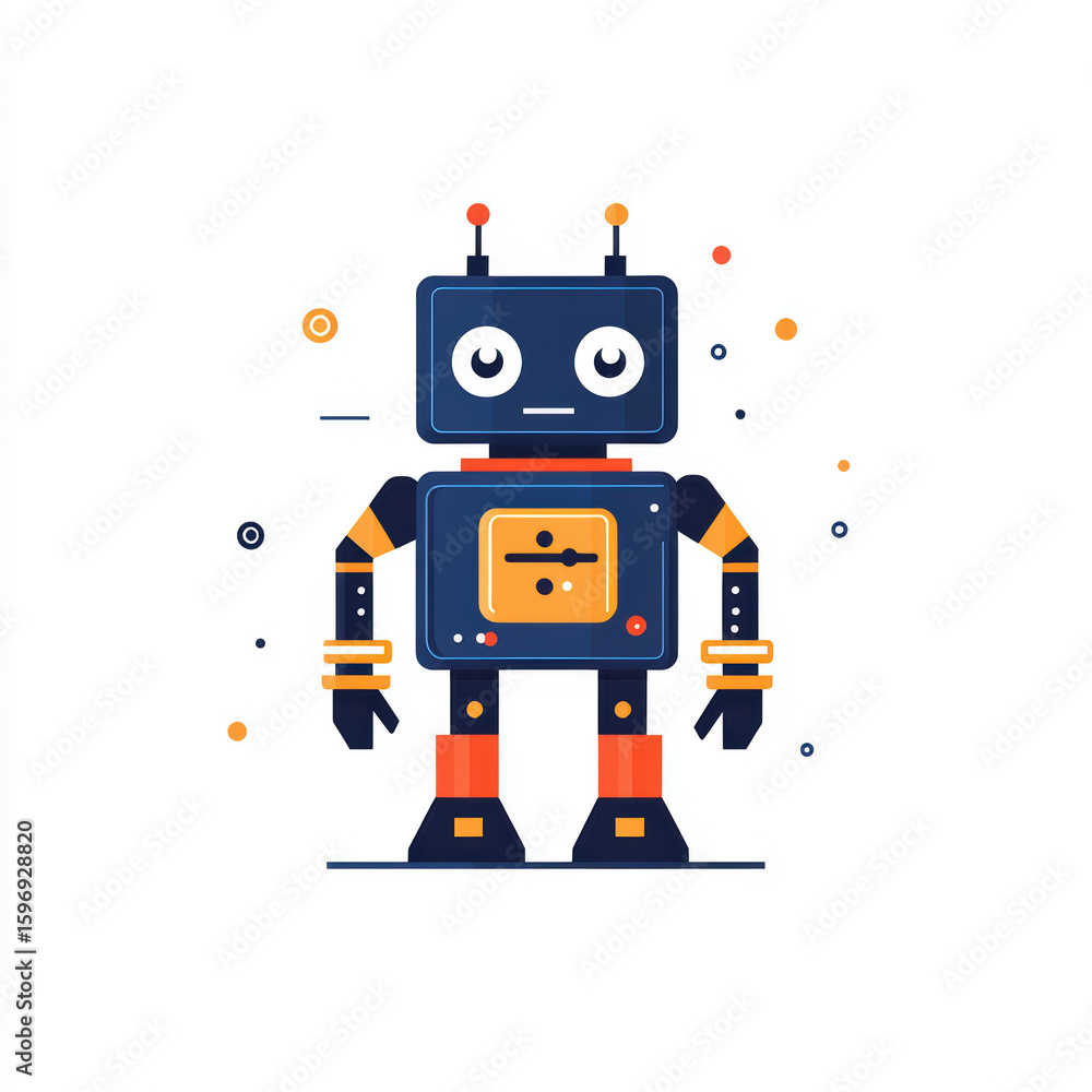 Naklejka premium A cute, retro-style robot illustration with expressive eyes, antennas, and colorful mechanical parts on a white background.