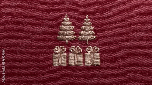 Knit design featuring embroidered Christmas trees and gifts celebrating New Year 2026