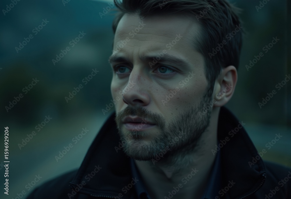 A contemplative man gazes into the distance with an intense expression A contemplative man gazes into the distance with an intense expression