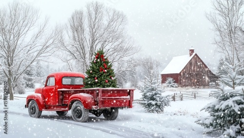 A Classic Christmas Scene: Red Truck, Snowy Landscape, and Christmas Tree