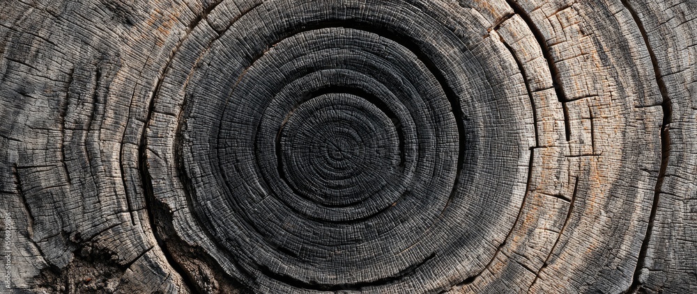 Fototapeta premium Close-up tree rings, weathered wood, outdoors, sunny day, texture background
