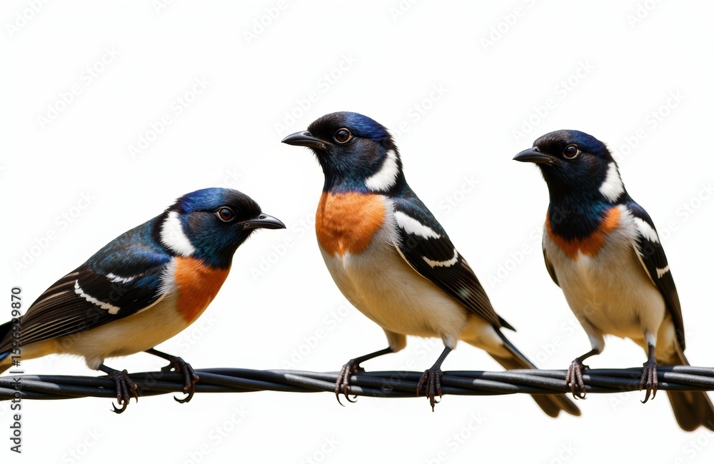 Fototapeta premium Three colorful birds perched on a wire against a white background