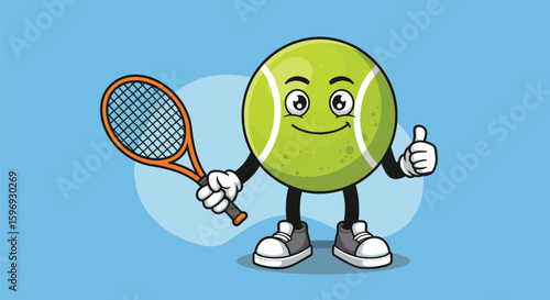 Cartoon Tennis Ball with Racket Giving a Thumbs Up