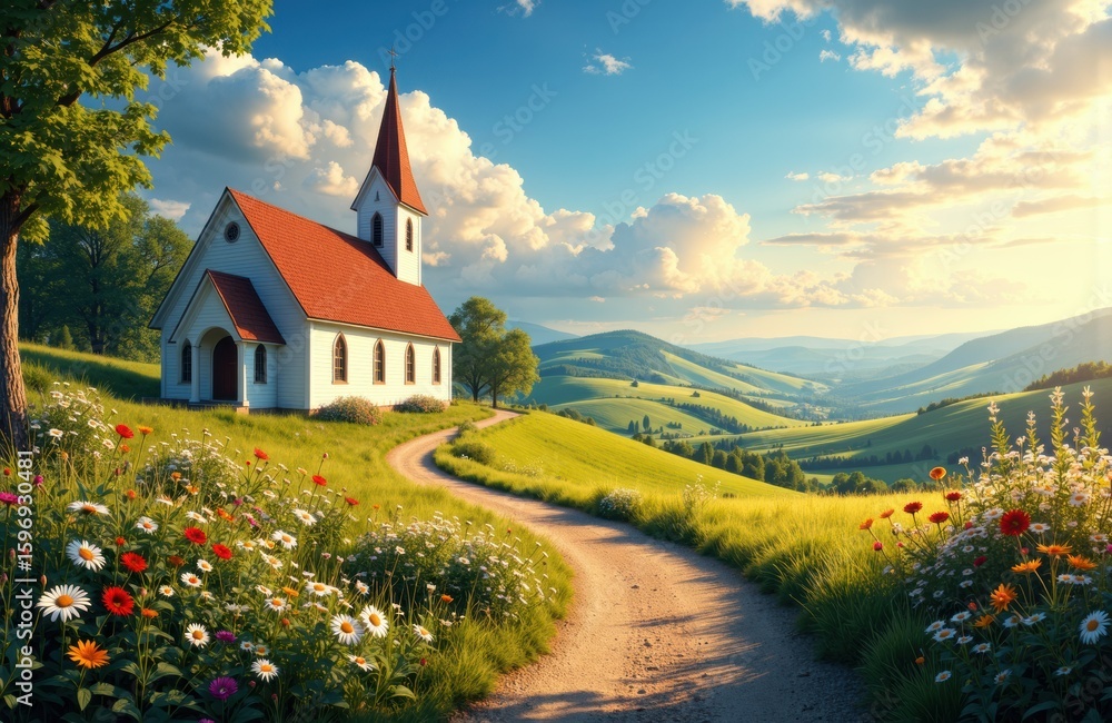 Fototapeta premium A small white church with a red roof sits amidst colorful wildflowers in a lush green landscape under a bright blue sky
