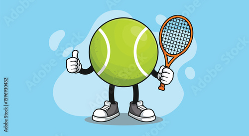 Tennis Ball Character with Racket Giving a Thumbs Up