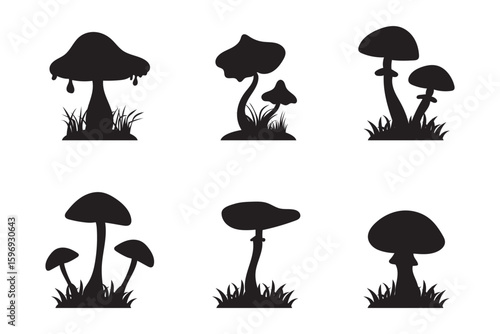 Set of mushroom black silhouette illustration isolated on a transparent background