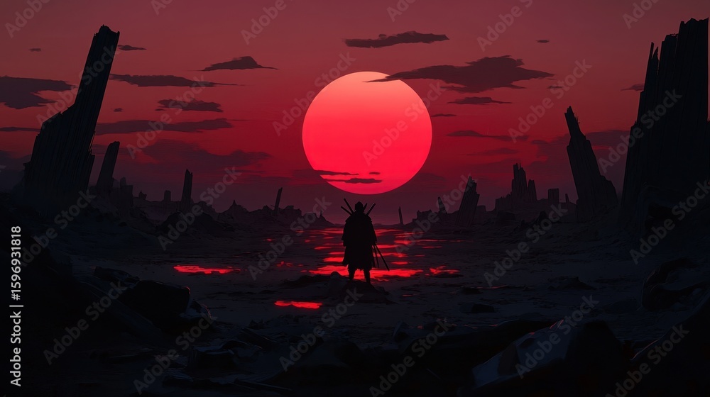 Naklejka premium Crimson sunset over a desolate post-apocalyptic landscape.