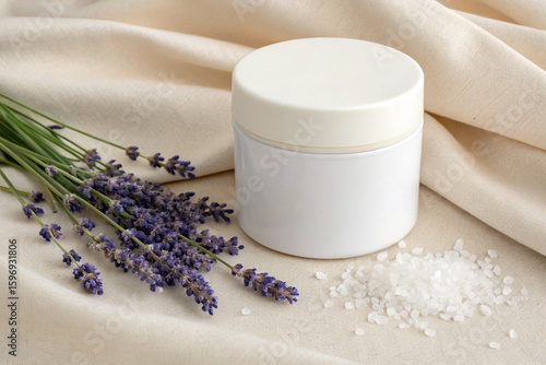 Lavender skincare product mockup, natural beauty cream jar, aromatherapy salt, spa treatment and wellness