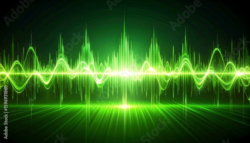 Vibrant green sound waves, glowing lines, digital art
