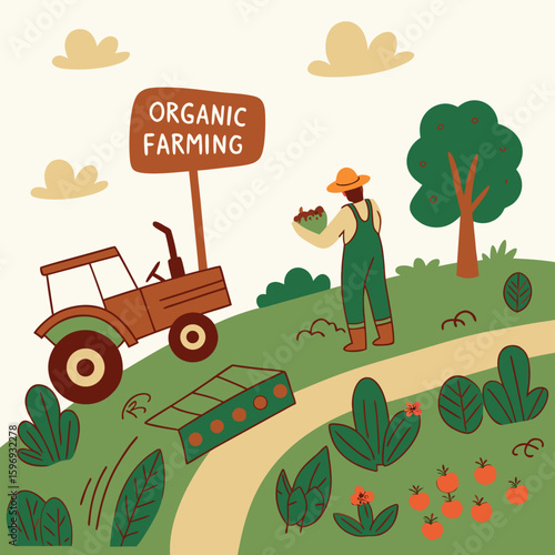 A farmer in overalls and a hat stands in a field next to a tractor and an organic farming sign, holding a basket of freshly harvested produce
