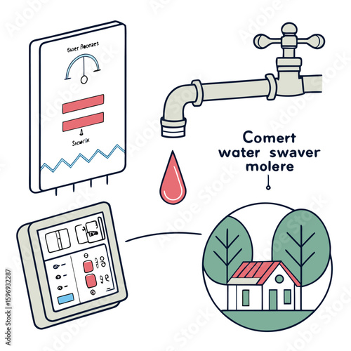 An isometric illustration depicts a smart water meter system with a tap, control panel, and a house surrounded by trees
