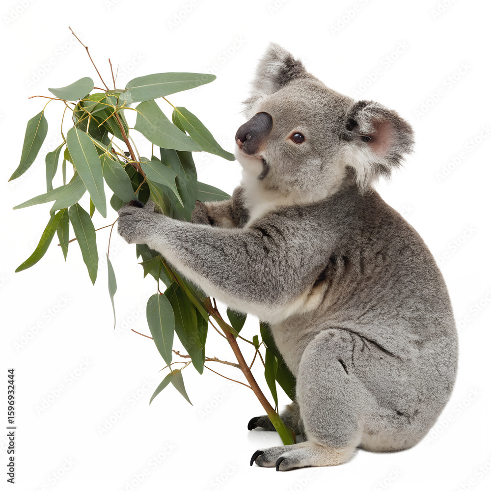 Fototapeta premium koala with a sprig of eucalyptus in its paw on transparent background