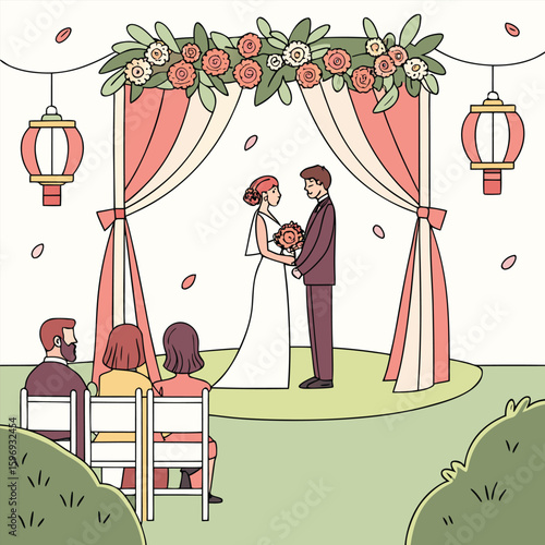 A charming illustration captures a wedding ceremony with the bride and groom exchanging vows under a floral arch, surrounded by loved ones