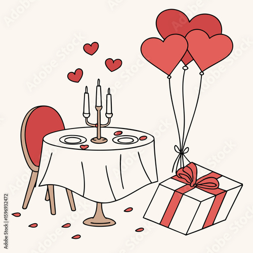 A romantic valentines day date is set with heartshaped balloons, a beautifully arranged table, and a thoughtful gift, creating an atmosphere of love