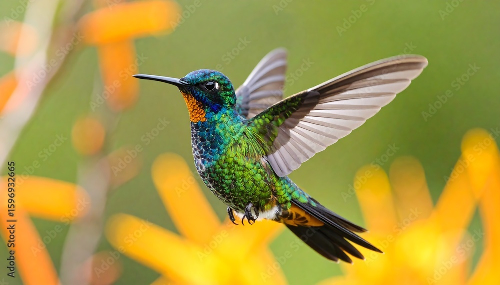 Obraz premium Vibrant hummingbird in flight, surrounded by flowers