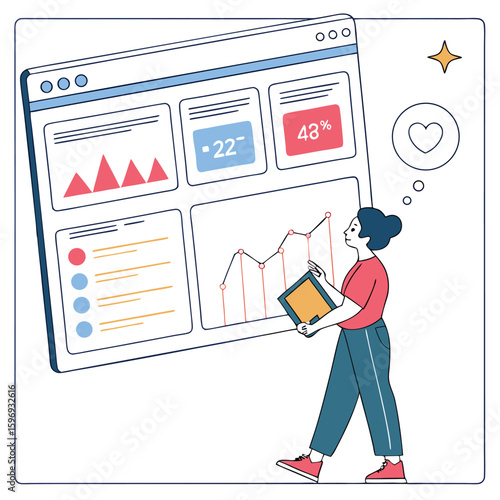 A woman is analyzing data and statistics on a website to develop a business and marketing strategy for online platform growth