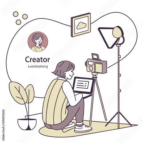 A woman is livestreaming with her laptop, camera, and lighting setup, creating digital content for her online audience