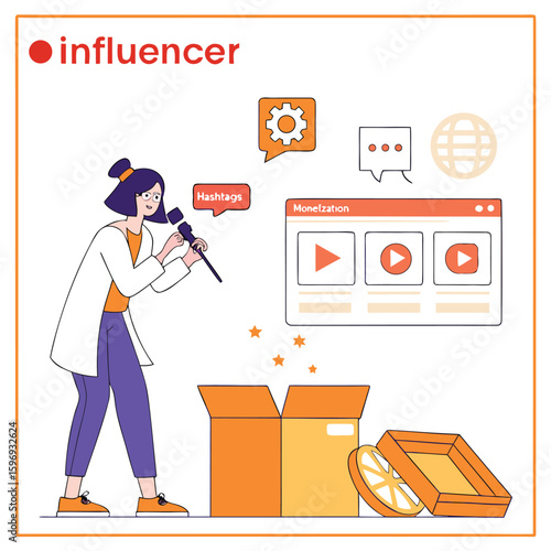 An influencer is unboxing products and creating content with hashtags to monetize their social media platform and engage with their audience