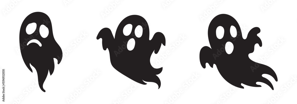 Obraz premium Set scary and funny ghosts with faces, isolated on black background. Vector illustration, traditional Halloween decorative elements. Halloween silhouettes white ghost character - for design decor.
