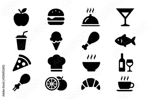 Collection of black food and drink icons featuring silhouettes for menu design