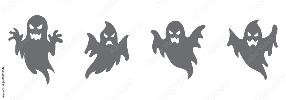 Obraz premium halloween ghost vector illustration featuring a set of unique silhouettes of ghost designs. Perfect for Halloween, this set includes traditional and abstract ghost, pumpkins and skeleton hands