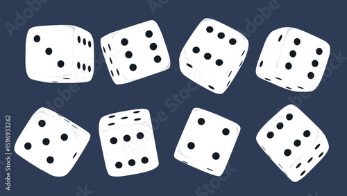 White dice set on isolated background. Random rolling dice cubes. White roll cubes for gamble games. 3d rendering