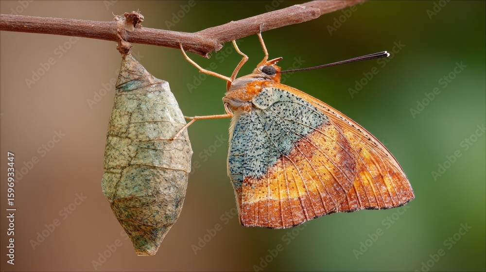 Naklejka premium Butterfly emerging from chrysalis