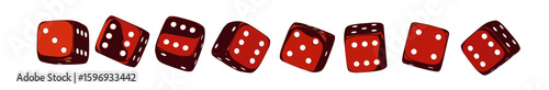 Red dice set on isolated background. Random rolling dice cubes. Glossy roll cubes for gamble games. 3d rendering