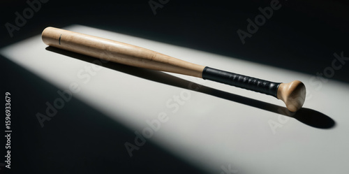 Wallpaper Mural Wooden baseball bat with black grip, angled on a light gray surface under dramatic lighting creating long shadows. The polished wood showcases a simple design suitable for sports or conceptual themes. Torontodigital.ca