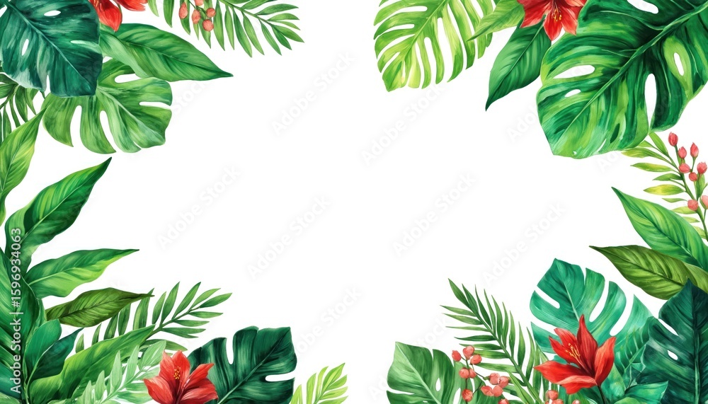 Fototapeta premium Vibrant tropical leaves, red flowers form decorative border, perfect for summer invitations greeting cards. Ai-generated illustration features green plants with hand-painted watercolor effect,
