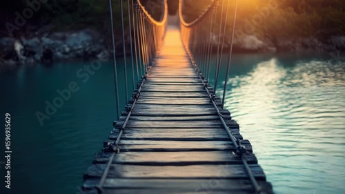 A suspension bridge spanning across a calm lake or river, perfect for use in travel, architecture, or engineering related projects