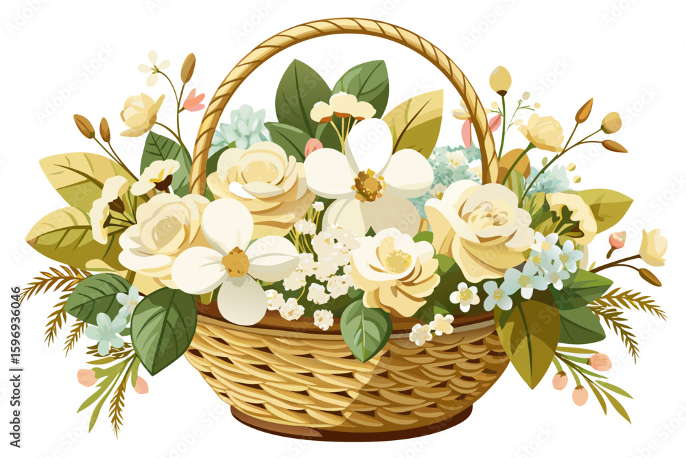 Obraz premium vector of A modern wicker basket decorated with beautiful flowers and white blooms. White background for ceremony.