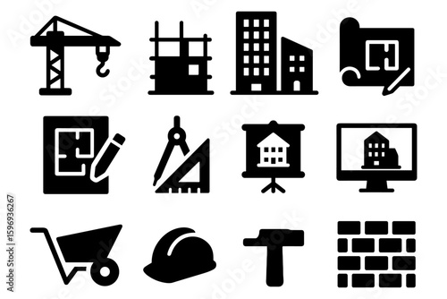 Construction and architecture icons set featuring tools and building elements