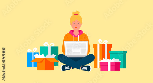 Woman sitting cross legged with laptop surrounded by wrapped gifts boxes